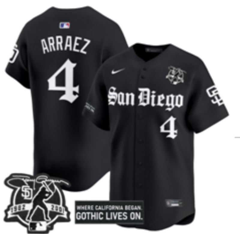 Men 2025 San Diego Padres #4 Arraez Black Five generations Joint Name Nike MLB Jersey style 11